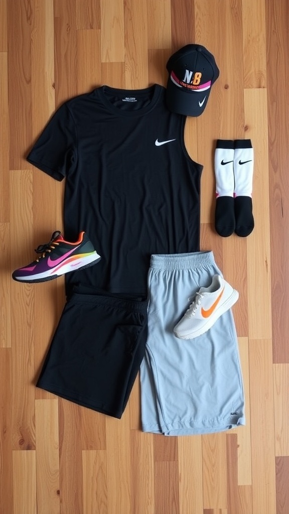 Curry 8 Flow outfit with sneakers, athletic t-shirt, and shorts on a wooden floor.